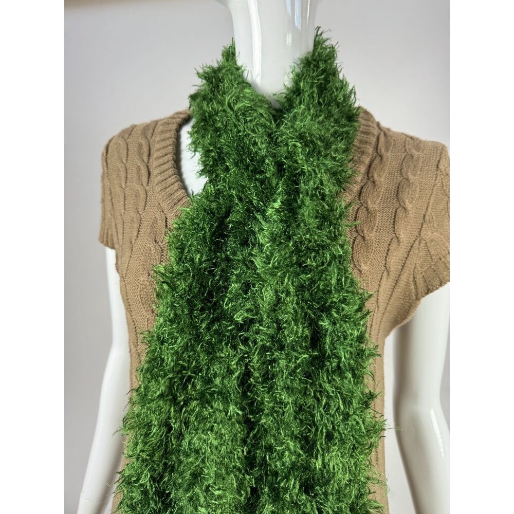 Green Fuzzy Textured Helen Welsh Scarf 100% Polyester Made In Korea